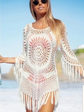 Women’s White Crochet Beach Cover-Up Tunic